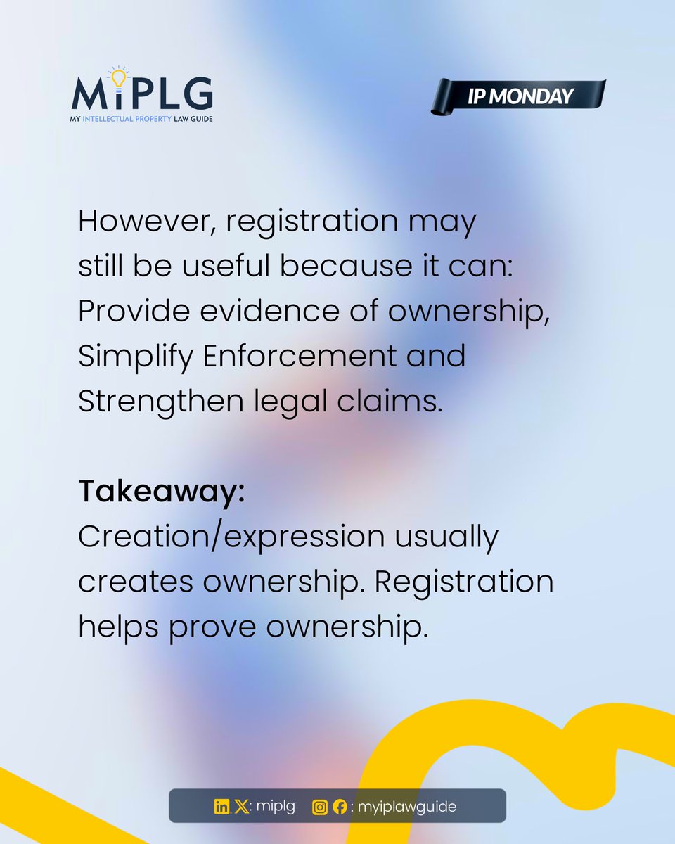 miplg's tweet photo. Think copyright starts after registration? Let’s take a look!
One of the biggest misconceptions about intellectual property is that your work isn’t protected until it’s registered.
Swipe through today’s IPMonday post to learn how copyright protection really works.
#IPMonday https://t.co/2VHHILs5zi
