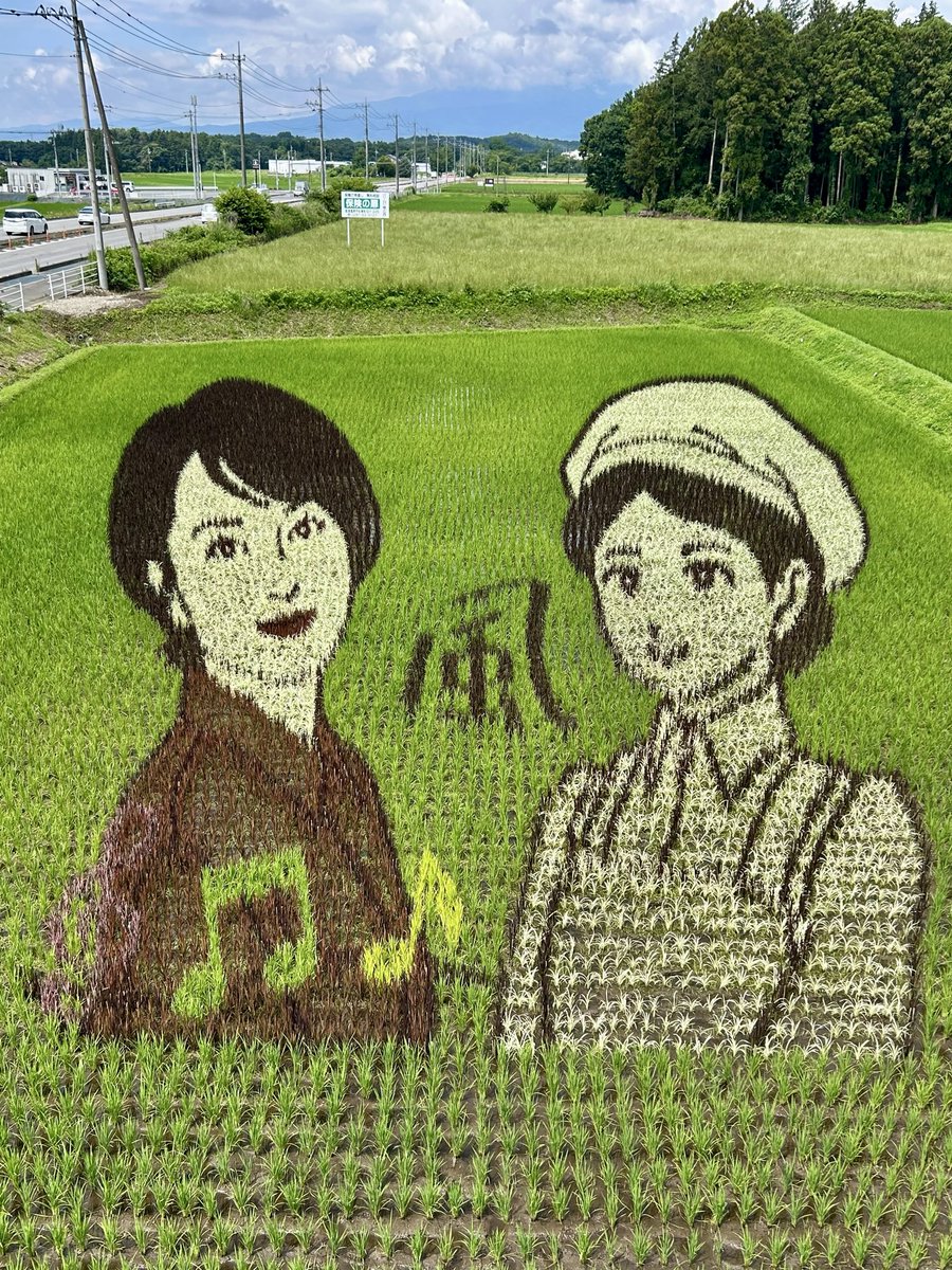 nkankoukyoku's tweet photo. 那須塩原の夏を彩る「田んぼアート」第二会場が公開されます！
 
今年の第二会場のテーマは 「なぜ」。
都道府県魅力度ランキングでは北関東が伸び悩む一方、移住先ランキングでは上位に選ばれる北関東。そんな「なぜ？」をテーマに北関東を代表する人気お笑い芸人（栃木のU字工事・茨城のカミナリ）がモチーフとして登場！さらに富士山も登場。

📅公開開始 7月1日（水）10:00～
📍会場：栃木県那須塩原市関谷 416-1（「道の駅
湯の香しおばら」の隣）
時間：原則 9：30〜16：00（公開後）
※ 見学の際は協力金をお願いしています。
駐車場：観覧台横、那須塩原市観光局
 
制作者である農家・中野さんご一家の力作を、第一会場のテーマ「風」とあわせて、
ぜひ2つの田んぼアートをご覧ください！🌾✨
 
#田んぼアート #U字工事 #カミナリ
#那須塩原