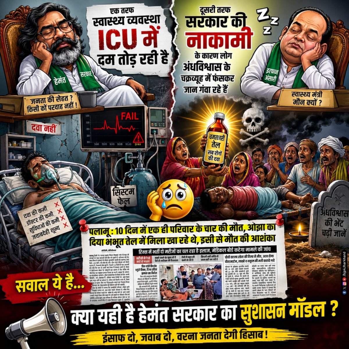 BJP4Jharkhand's tweet photo. झारखंड में स्वास्थ्य व्यवस्था सिर्फ चरमराई नहीं है, बल्कि पूरी तरह से दम तोड़ चुकी है। 

जब सरकारी अस्पतालों में न डॉक्टर मिलें, न दवाइयां और न ही बुनियादी सुविधाएं, तो गरीब और मजबूर जनता के पास क्या रास्ता बचता है? 

इलाज पर से भरोसा उठने के बाद लोग मजबूरन ओझा-गुणी और अंधविश्वास के जानलेवा चक्रव्यूह में फंस रहे हैं। यह सिर्फ एक प्रशासनिक नाकामी नहीं, बल्कि जनता की जिंदगी के साथ किया जा रहा अक्षम्य अपराध है!