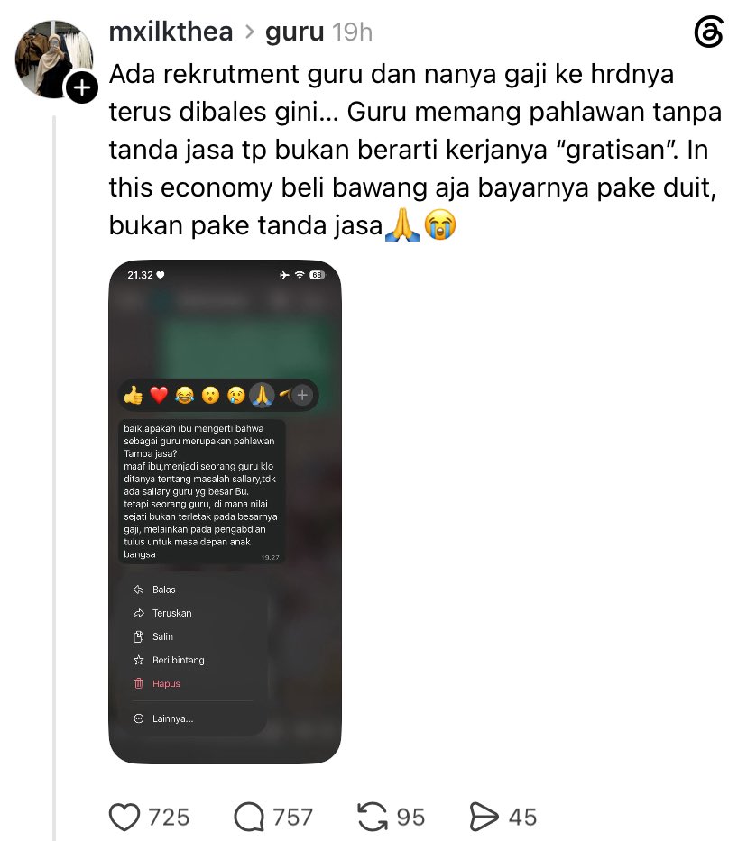LambeSahamjja's tweet photo. Relawan SPPG aja dapet insentif 
masa yang kerja guru cuma dapat gelar pahlawan 
pahlawan juga butuh makan pak HRD https://t.co/Wlw4t0kz0x