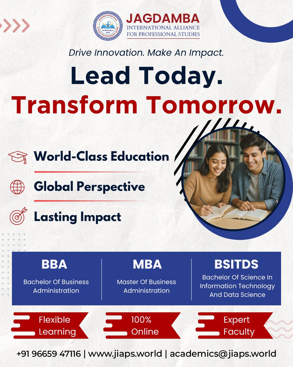 jiapsglobal's tweet photo. Lead today. Transform tomorrow.

World-class education, global exposure, and industry-ready skills - all in one place. Choose from #BBA, #MBA, and #BSITDS programs at #JIAPS.

100% Online | Flexible Learning | Expert Faculty

📞 +91 9665947116
🌐 https://t.co/c9WI0ACfvG https://t.co/CjqZY2So1c