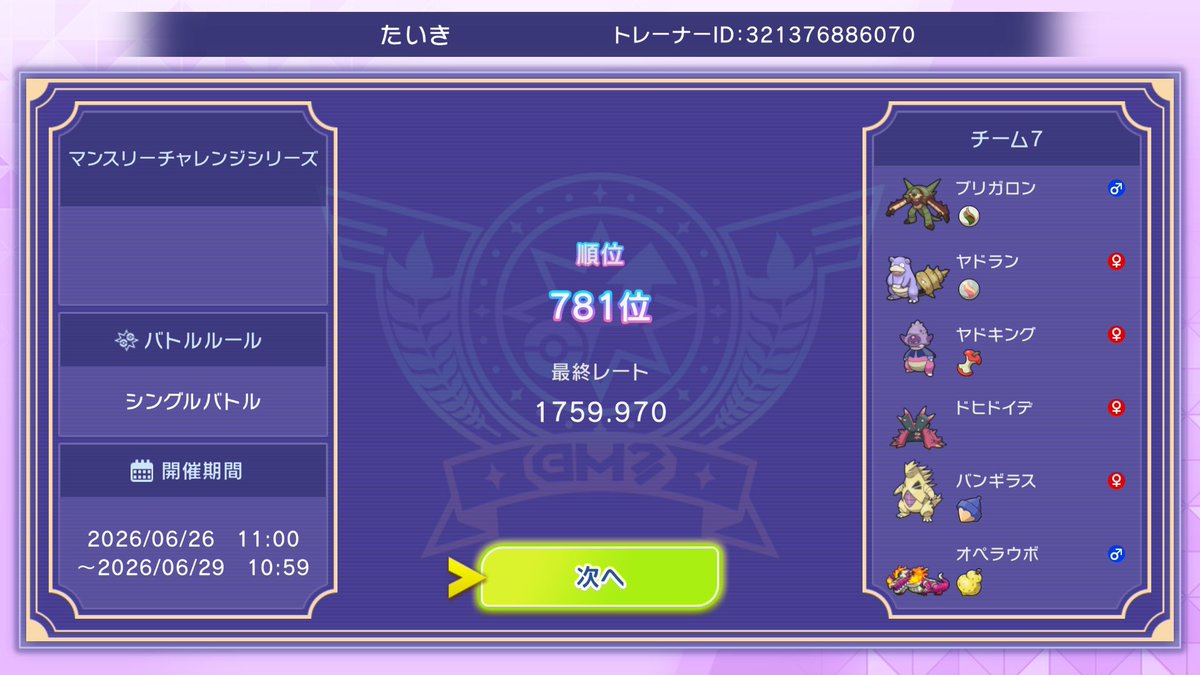 Infinity_Ju's tweet photo. マンスリーチャレンジシリーズ 2026.06

最終順位　781位
最終レート　1759
最高レート　1811

放置してても3桁だったし潜って溶かしたけど3桁圏内だった⊂(  ･ω･ )⊃ｾｰﾌ https://t.co/2uKXZANQ6c