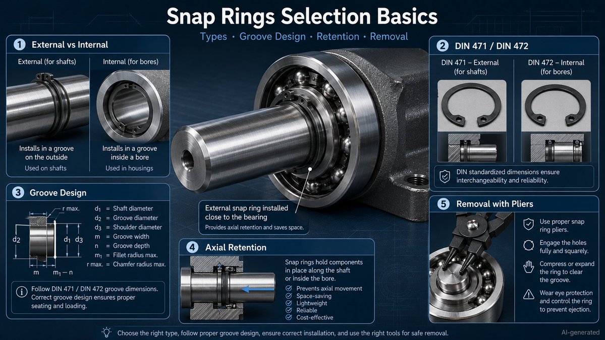 JLCMC_official's tweet photo. That tiny ring in your assembly? It’s holding the whole motion system together. 🔧
Snap rings (circlips) provide a low-profile lock for bearings, gears, and pulleys. Here is a quick B2B design cheat sheet:
🔹 Why use them?
Save more space than shaft collars, install faster than locknuts, and protect shafts better than set screws.
🔹 Where do they live?
Linear actuators, bearing blocks, timing pulley assemblies, robotic joints, and high-speed gearboxes.
🔹 The golden rules for selection:
Check your DIN 471/472 standards, verify groove dimensions and thrust load capacity through accurate calculations, and—most importantly—never over-stretch during installation。
Full breakdown by JLCMC engineers 👇
🔗 [https://t.co/84WqOOH7EI]
#SnapRings #RetainingRings #Mechatronics #Automation #JLCMC #MechanicalEngineering