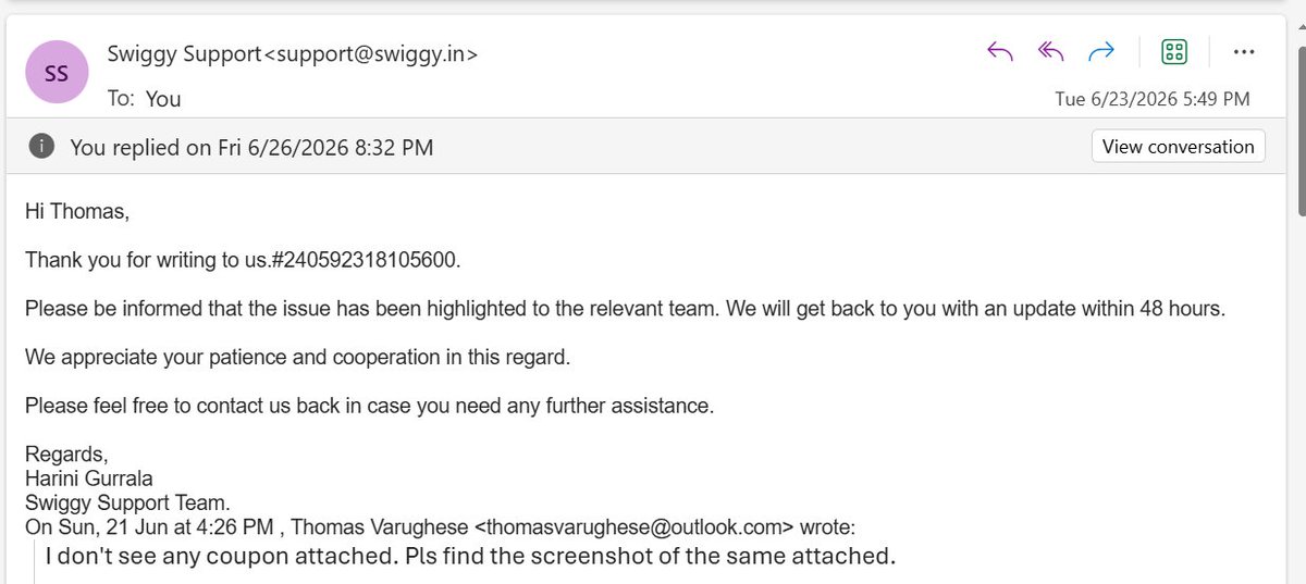thomas_2910's tweet photo. @Swiggy @SwiggyCares My case is pending for the last 10+ days. Will you guys care to revert back ?? https://t.co/6owPfrE6n2