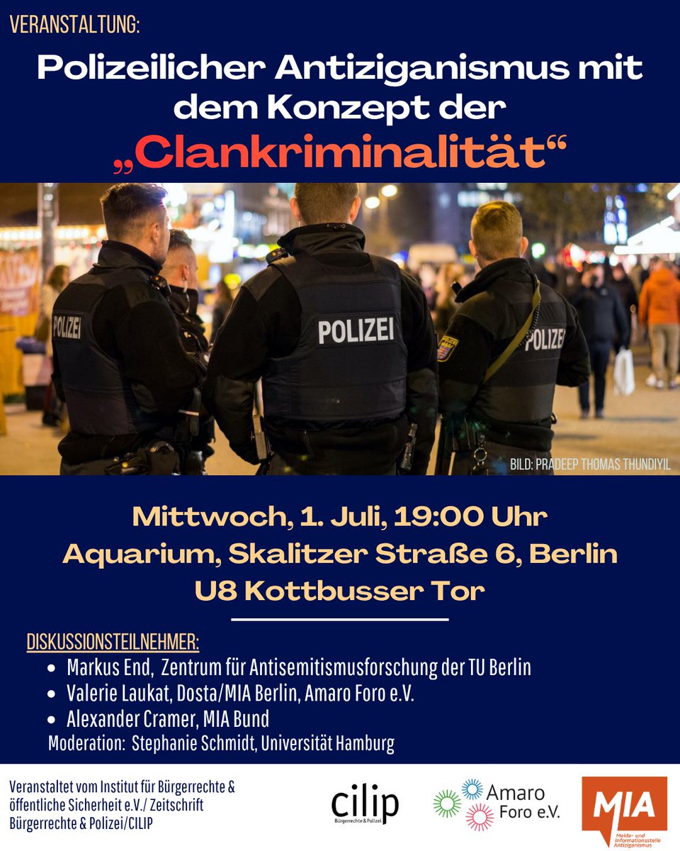 MIA_Bund's tweet photo. 🚨 Polizeilicher Antiziganismus und das Narrativ der „Clankriminalität“ – darüber sprechen wir am 1. Juli in Berlin.

🗓️ 1. Juli | 19 Uhr
📍 Aquarium Berlin

#Antiziganismus #Clankriminalität #RacialProfiling #Berlin https://t.co/20B5oZMrlC