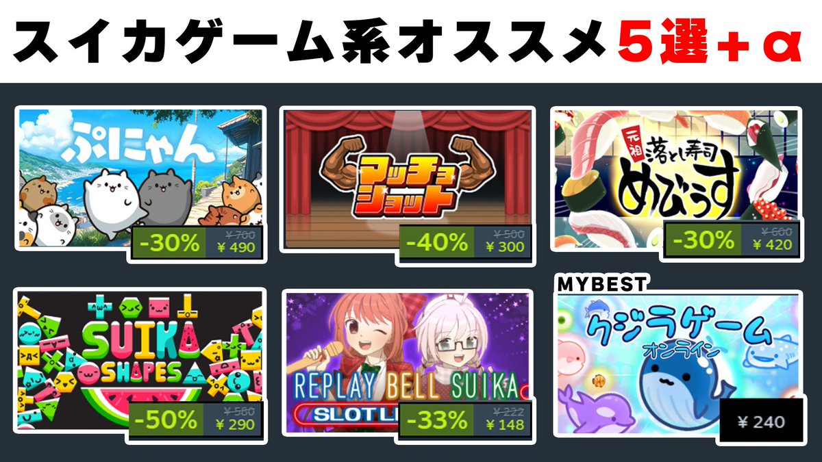 ksg0909t's tweet photo. 🌴STEAMサマーセール2026🌅
「スイカゲーム系」オススメ5選

スイカ系で全1を多数保持するホルス・カワシマがお送りします。配信者様のために、朝向け・夜向けなども説明します。

（※ツリーにSteamのリンクページ等を記載します）