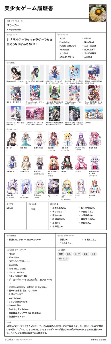 giants1924's tweet photo. #エロゲMEME
#エロゲーマーと繋がりたい 
#美少女ゲーマーと繋がりたい

今更ながら
人生ではじめて美少女ゲーム履歴書というものを作ってみました。
ついでなのでエロゲMEMEも作り直してみた。 https://t.co/69rXLXPlWf