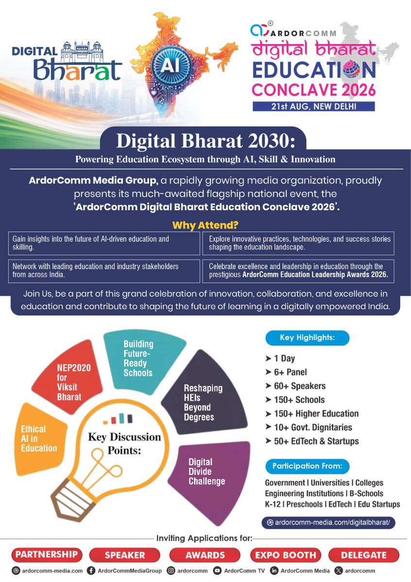 ardorcomm's tweet photo. Join India’s premier education event—ArdorComm Digital Bharat Education Conclave 2026!

Delhi NCR | 🗓️ 21 Aug 2026
Theme: Digital Bharat 2030: Powering Education through AI, Skills &amp; Innovation.

🔗https://t.co/ioWR5xspqd

#DBEC2026 #DigitalBharat #EducationLeadership #AI #EdTech https://t.co/9Ufu2PyfeO