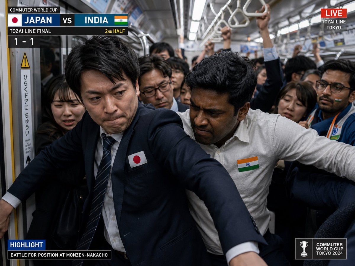 amttzsen's tweet photo. 満員電車ワールドカップ
決勝のインド戦はきっとこんな感じだろう https://t.co/bKDIwGNHid