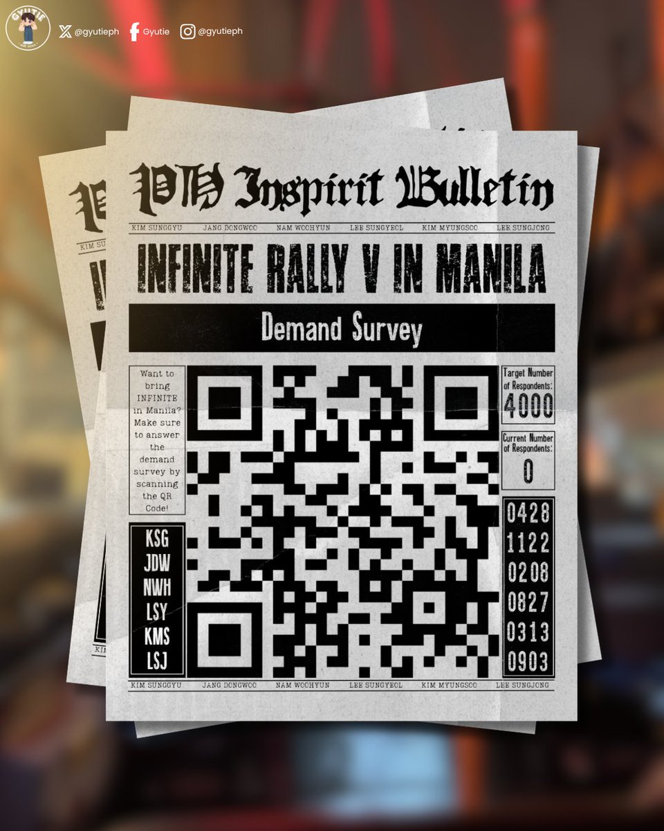 gyutieph's tweet photo. [📢‼️]

Calling all Gyutizens and Inspirits!!!

As mentioned during one of Sunggyu's ments from LV4 in Manila, INFINITE will be holding INFINITE RALLY 5 this year and will have their overseas tour. We are excited to share that an interested organizer has reached out to us in hopes of bringing INFINITE here in Manila and we need YOU to help us with our UPDATED demand survey as requested by the organizer. 👏👏👏

We need 4000 respondents in order to push this through. We hope that fans actively help us reach this goal by filling up and sharing the form below. Simply scan the QR Code or click the link below. ⤵️⤵️

🔗: https://t.co/2eyuCvqvF5

We welcome all ways to spread this survey form far and wide to casual fans, 2nd gen enthusiasts, INSPIRITS on a break, and those that stayed till the end, so don't hesitate to reach out to us if you have ideas. Our messages and emails will always be open. 

We are once again asking for your fervent efforts to finally bring INFINITE back in Manila 🙏

#INFINITE #인피니트
#KIMSUNGKYU #김성규
#JANGDONGWOO #장동우
#NAMWOOHYUN #남우현
#LEESUNGYEOL #이성열
#KIMMYUNGSOO #김명수
#LEESUNGJONG #이성종
#INFINITEINMANILA
#INFINITERALLY5INMANILA