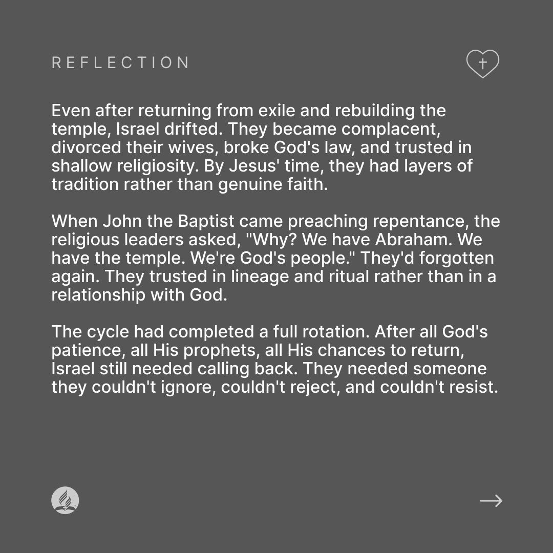 adventistchurch's tweet photo. Israel drifted again, and too often we do as well.

What Israel needed is what we need today. More than tradition, rules, and lineage, we need Christ. When you feel yourself stray, look to Christ. https://t.co/uULY4qgbJp