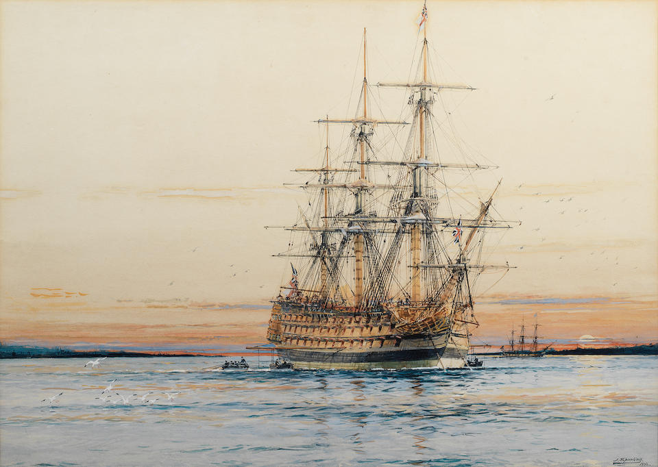 PhilipKAllan's tweet photo. HMS Sandwich laying her mooring at sunset by English artist Jack Spurling

She was a 90-gun second rate launched in 1759 at Chatham and designed by Thomas Slade, the naval architect behind HMS Victory.

#RoyalNavy #Shipoftheline #Ageofsail https://t.co/cuHh4nrFFj