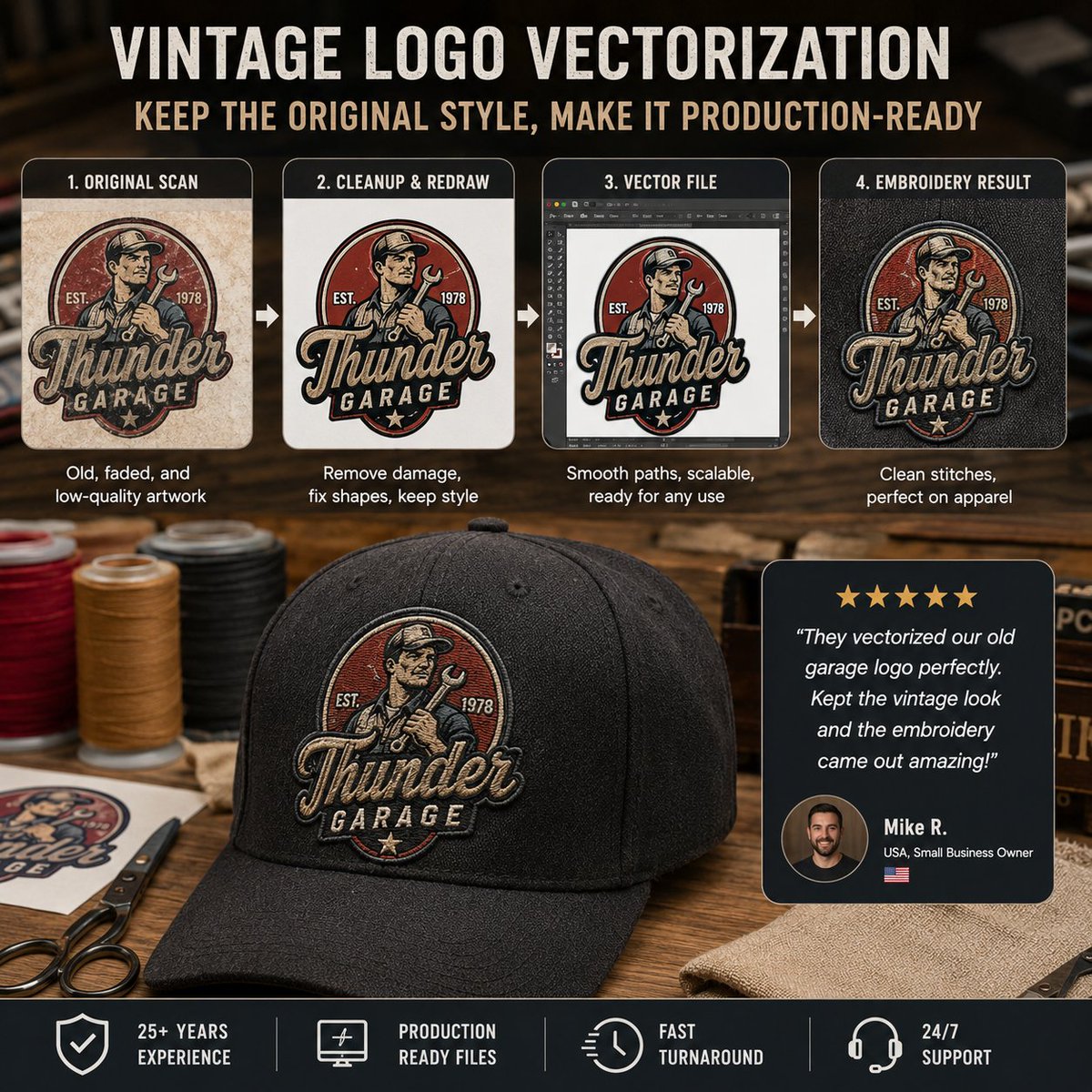DigitizingEagle's tweet photo. Vintage logo?
Vectorize it ✔
Keep👇
• Style
• Feel
Fix👇
✔ Clean
✔ Sharp
✔ Ready
👉 Eagle Digitizing
#vintagelogo #vectorart #customlogo #design https://t.co/pcw4w7lsl9