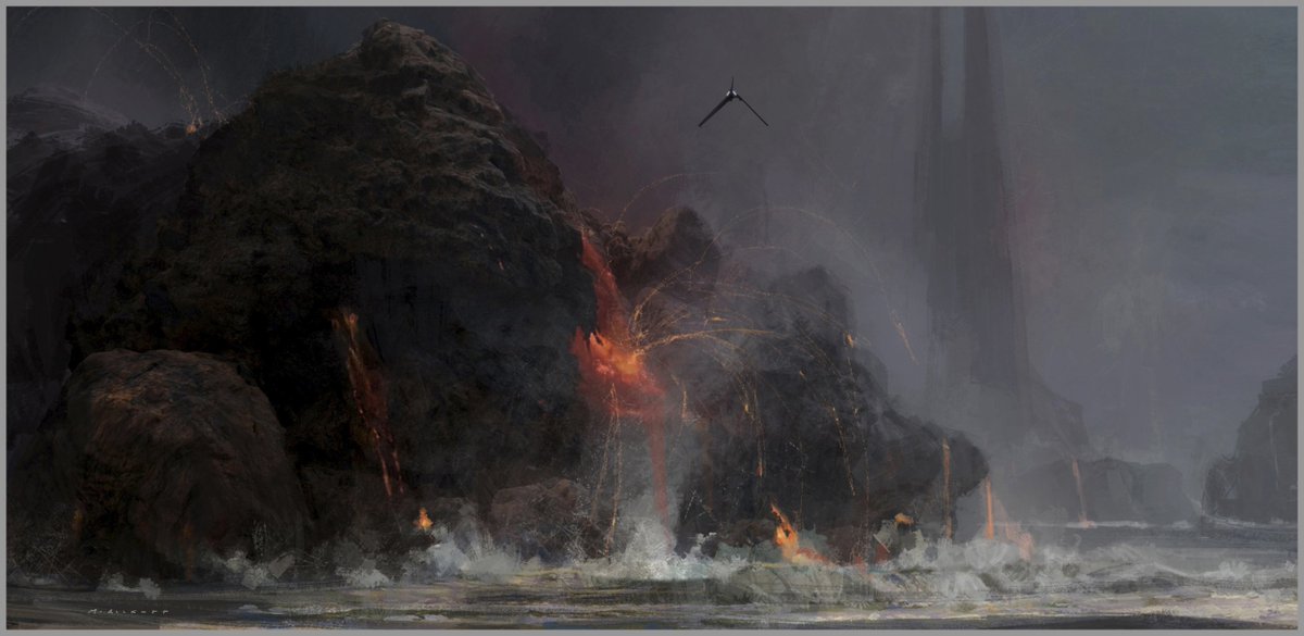 MattAllsopp1's tweet photo. During production, I explored a few ideas for Vader’s castle on Mustafar. I thought it could be interesting to move away from the all red palette and push it toward dark molten rock, with the castle itself reading more like an obsidian monolith. The red would then come from the flowing lava and "waterfall",  as it channels through the castle’s dam-like structure. 

Basically he's got some pretty good central heating!  

#starwars #conceptart #rogueone #sketch #Vader #DarthVader #castle