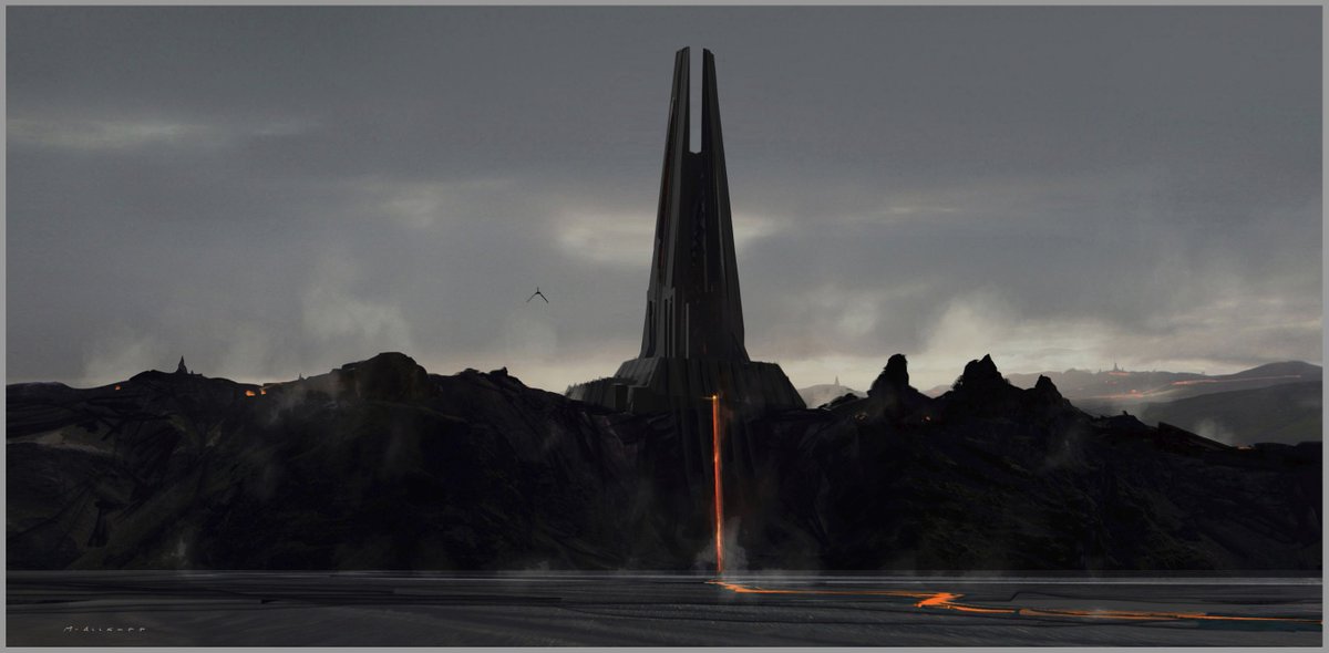 MattAllsopp1's tweet photo. During production, I explored a few ideas for Vader’s castle on Mustafar. I thought it could be interesting to move away from the all red palette and push it toward dark molten rock, with the castle itself reading more like an obsidian monolith. The red would then come from the flowing lava and "waterfall",  as it channels through the castle’s dam-like structure. 

Basically he's got some pretty good central heating!  

#starwars #conceptart #rogueone #sketch #Vader #DarthVader #castle