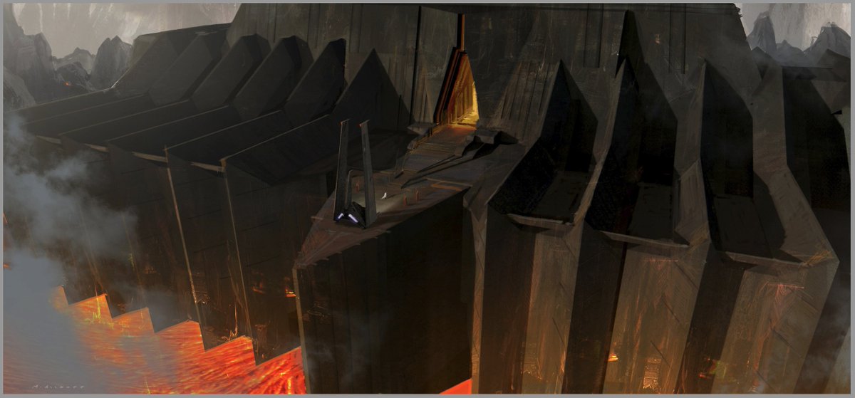MattAllsopp1's tweet photo. During production, I explored a few ideas for Vader’s castle on Mustafar. I thought it could be interesting to move away from the all red palette and push it toward dark molten rock, with the castle itself reading more like an obsidian monolith. The red would then come from the flowing lava and "waterfall",  as it channels through the castle’s dam-like structure. 

Basically he's got some pretty good central heating!  

#starwars #conceptart #rogueone #sketch #Vader #DarthVader #castle
