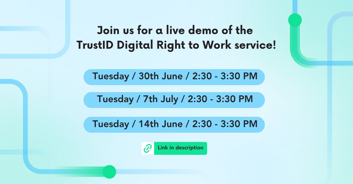 TrustID_UK's tweet photo. Right to Work webinar tomorrow at 2:30 PM!

See how TrustID helps organisations complete compliant right to work checks quickly and securely.

More sessions available on 7th &amp; 14th July.

Register now: https://t.co/vFzgTCDLNk https://t.co/o5vgaD9I8G