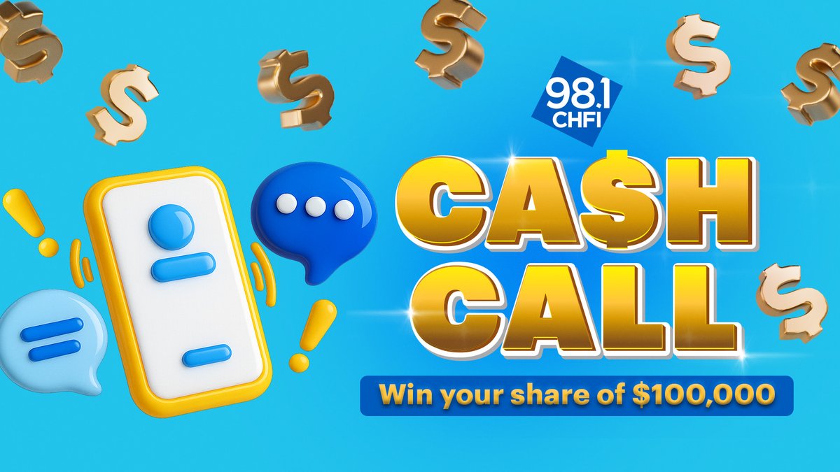 981CHFI's tweet photo. 📞💸 $100,000 is up for grabs… and it all comes down to one simple thing:
Picking up the CASH CALL from 98.1 CHFI! 

Listen for the keyword, text it in, and you could score $1,000 every weekday morning with Pooja & Gurdeep, plus a shot at $10,000 on July 2 👀

Miss the call? The cash keeps climbing.

So yeah… don’t send it to voicemail.

LISTEN TO WIN 🔗: https://t.co/OLC0vfq5YL

(standard message & data rates may apply)