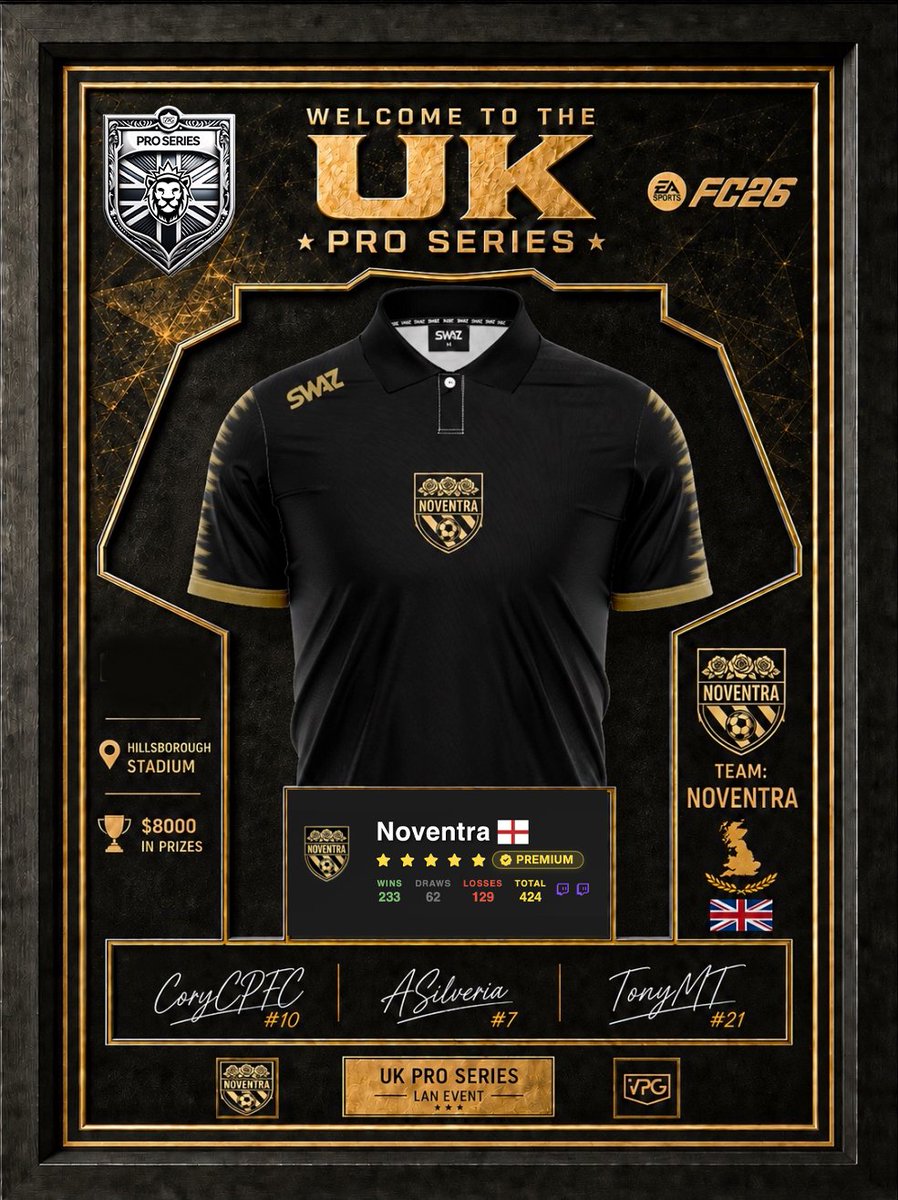 OfficialVPG's tweet photo. 💪🏽 Welcome to the UK Pro Series LAN!

🏴󠁧󠁢󠁥󠁮󠁧󠁿 @NoventraFC 

🙌🏽 Noventra will be attending the @EASPORTSFC 11v11 clubs live event, on the 11th and 12th July, at the Hillsborough Stadium!

🔥 The biggest 11v11 clubs event! - 24 teams will be in attendance.

💰 $8000 in cash prizes!
🏟️ @OWLSEsportsX

👤 Players:
@TheBigShowGK 
@MoodieFIFA 
@FeEggo  
@MFC_Billy 
@Bonesaw2K 
@HarryDinsdale_ 
@intchez 
@Kai_co123 
@TonyMT_ 
@CoryCPFC 
@ASilveria22 

#FC26 #ProClubs #VPG #Esports
#WhereTheChampionsPlay