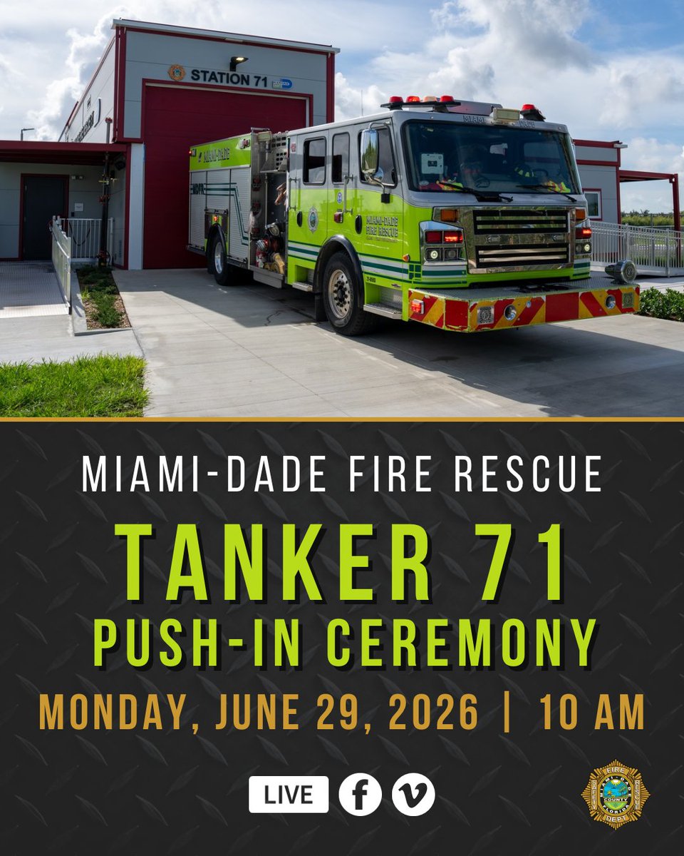 MiamiDadeFire's tweet photo. Join Miami-Dade Fire Rescue today, Monday, June 29, at 10 a.m. for the traditional push-in ceremony for Tanker 71.
Stream the live #MDFR ceremony: https://t.co/fobsIa2Vxv. https://t.co/RZPnLLzeLr