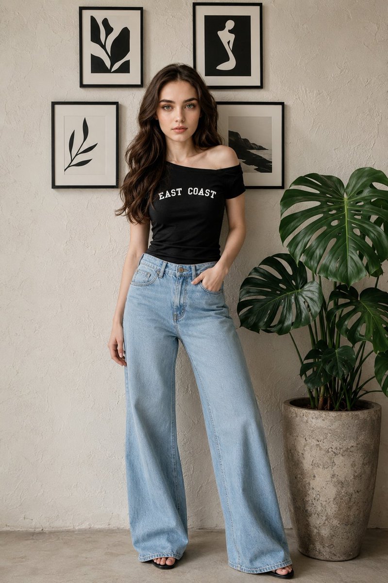 gemini_prompts's tweet photo. Trend 673
Choose one gen z fashion for yourself 💙🤍💅🏻👩🏻

Prompt 1:
"Convert into A full-body studio portrait of a young woman(match face) with long dark hair, wearing a black off-the-shoulder t-shirt with white 'EAST COAST' text across the chest. She is paired with light blue, high-waisted, wide-leg denim jeans. She is standing against a textured off-white wall decorated with four framed minimalist black and white art prints. A large, lush Monstera Deliciosa plant in a tall stone pot is positioned to her right."

Prompt 2:
"Convert into A stylish young woman(match face) standing gracefully in a luxury café entrance, wearing an oversized sky-blue button-down shirt with rolled-up sleeves, elegant white wide-leg trousers, and clean white sneakers. She carries a black designer shoulder bag, wears a gold wristwatch and delicate jewelry. Soft wavy dark hair framing her face, natural makeup, looking down with a calm and confident expression. One hand in pocket, the other gently touching her hairModern urban fashion aesthetic, warm ambient lighting, dark sophisticated background, indoor-outdoor luxury setting with decorative plants, cinematic portrait photography, shallow depth of field, ultra-realistic skin texture, soft shadows, premium lifestyle editorial, high-fashion street style, DSLR quality, 85mm lens, f/1.8, photorealistic, highly detailed, vertical 9:16 composition."