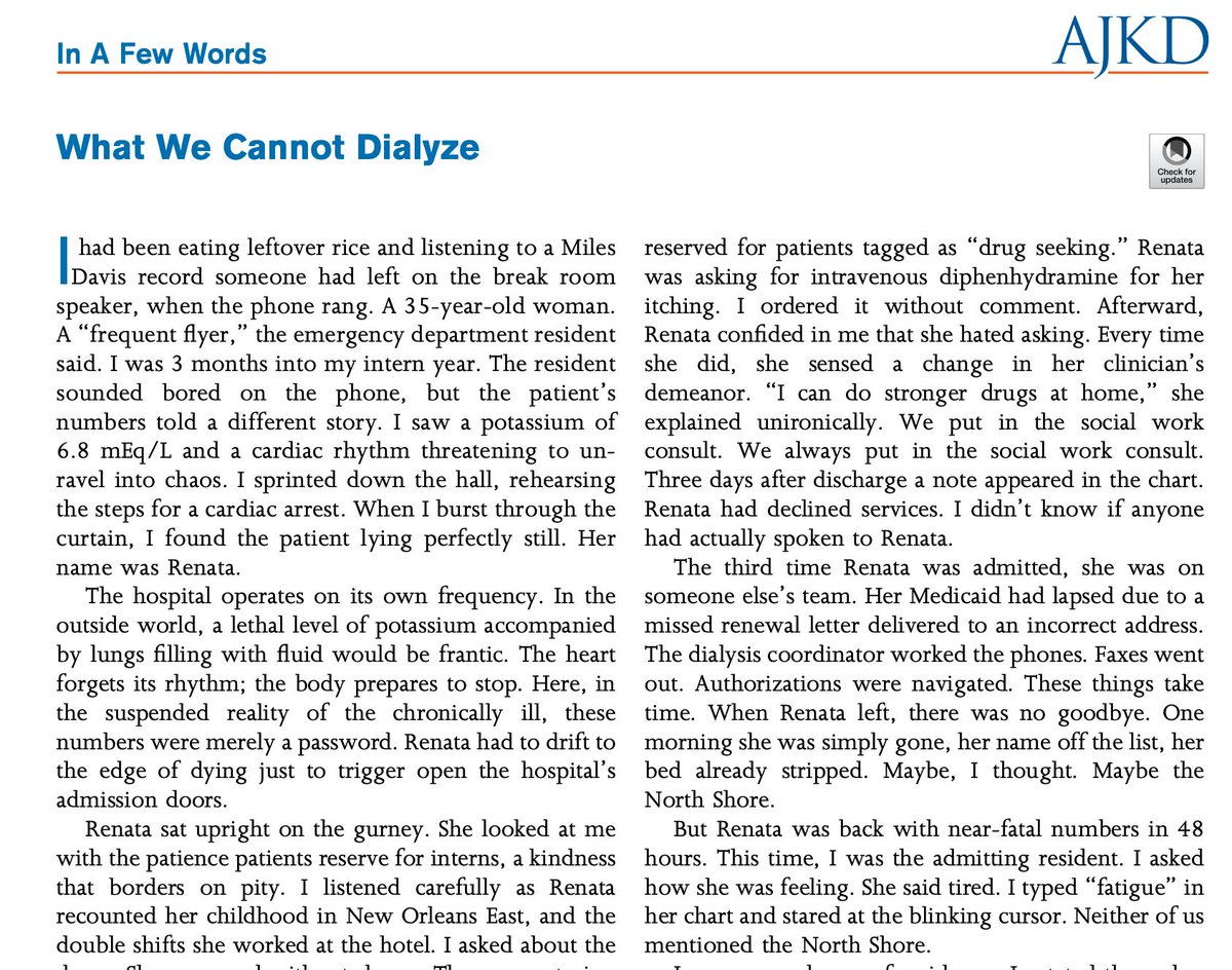 AJKDonline's tweet photo. In A Few Words essay by Adam Krieger:

"Dialysis keeps people alive, but it also consumes them. We cannot dialyze a broken system, and we must not allow that system to dialyze away our vigilance."

What We Cannot Dialyze https://t.co/nPZx5V9J8u (FREE)

@TulaneMedicine https://t.co/oNPeFcy7oT