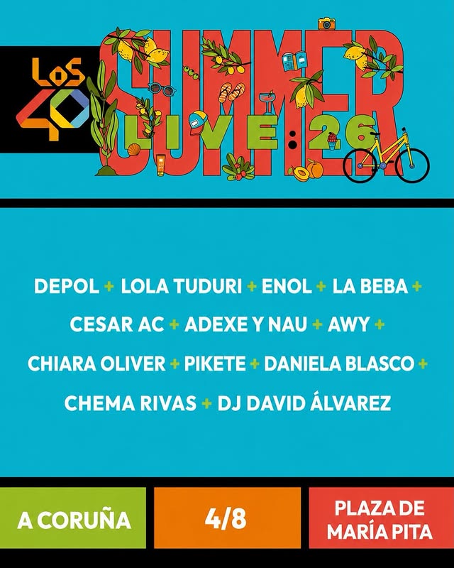 Kikilandia33's tweet photo. ¡A Coruña vuelve a bailar con LOS40 Summer Live 2026! Depol, Lola Tuduri, Enol, La Beba, Cesar AC, Adexe y Nau, AWY, Chiara Oliver, Pikete, Daniela Blasco y Chema Rivas, junto al DJ David Álvarez, pondrán la banda sonora a una de las grandes citas de las fiestas de María Pita.

📍 Praza de María Pita, A Coruña
📅 4 de agosto
🎟️ Entrada gratuita

@40Galicia @davidalvarezfm 

https://t.co/xP7xRbT0sI