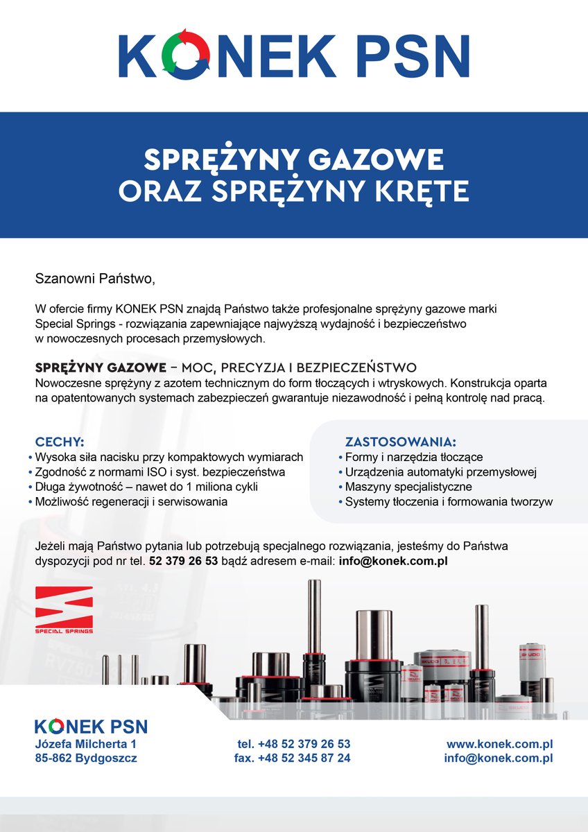 KONEKPSN's tweet photo. Firma KONEK PSN ma przyjemność zaproponować Państwu wysokiej jakości sprężyny kręte (drutowe) oraz sprężyny gazowe renomowanej marki Special Springs - niezawodne rozwiązania do zastosowań przemysłowych, narzędziowych i formierskich.
—
+48 52 379 26 53
info@konek.com.pl https://t.co/xpMiDBTiAM