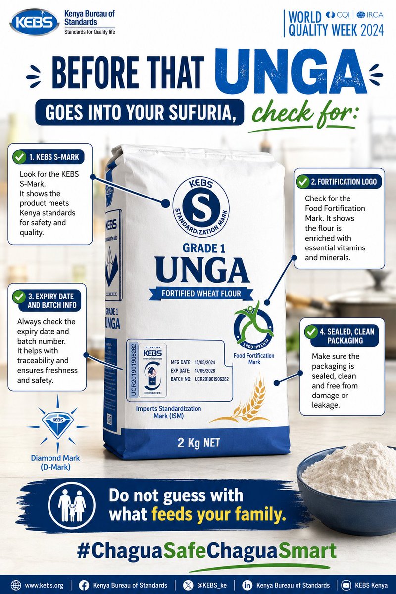 MjengoKE's tweet photo. Before that unga goes into your sufuria check for:

✅ KEBS S-mark

✅ Fortification logo

✅ Expiry date and batch info

✅ Sealed, clean packaging

Do not guess with what feeds your family.

#ChaguaSafeChaguaSmart https://t.co/hZB82PrXgE