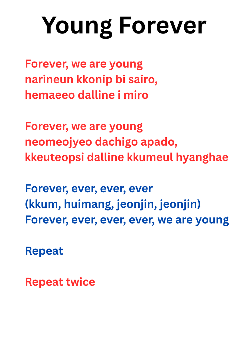 ukARMYemma's tweet photo. Made this to print out on a little piece of paper because the chances of London getting Young Forever are more than zero and we really need to sing along at the top of our lungs!! 

Romanised lyrics from YT so might not be best quality but it'll be good enough. https://t.co/Q6TG0r2Usu