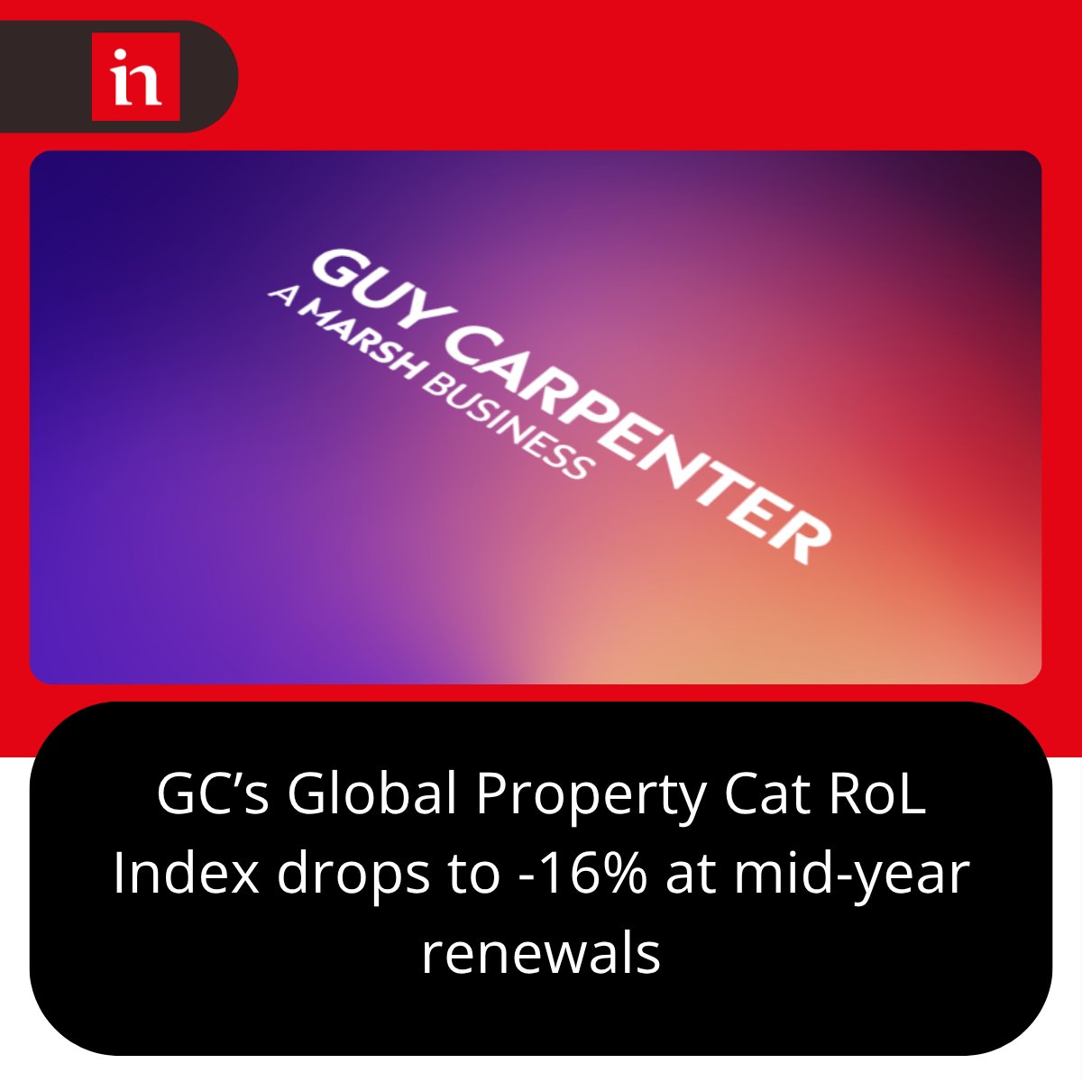 InsuranceInside's tweet photo. GC’s Global Property Cat RoL Index drops to -16% at mid-year renewals

Abundant capacity is driving attractive pricing at 1 July.

Subscribers can read the FULL article here: https://t.co/ZwdLsgE8oy

Request your free trial: https://t.co/QNIhJNp2UM

#InsiderNews https://t.co/bVcEZppPE9