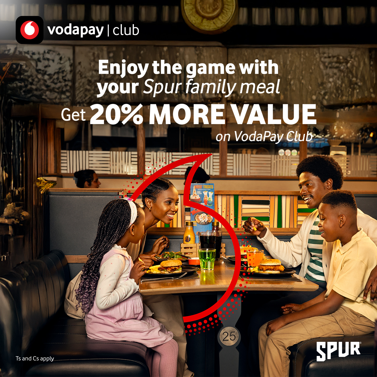 VodaPay's tweet photo. The pride lives on, and every match is another reason to gather around the table. ⚽ ❤️ Make every game-day meal even better with more value on your Spur Family Meal voucher on the #VodaPay app. Get up to 20% more value with #VodaPayClub, or enjoy 12% more value with VodaPay. Download or open VodaPay and get yours today. Ts and Cs apply.