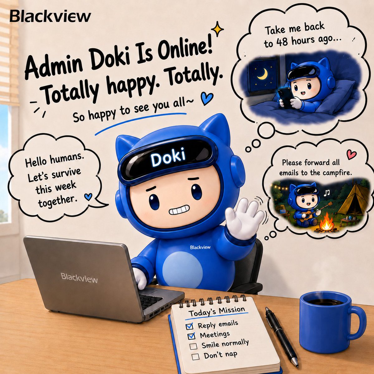 SpainBlackview's tweet photo. Admin Doki ha reaparecido. Físicamente en línea. 😭🔥 Por favor, dadme entre 3 y 5 minutos laborables para un reinicio emocional completo.
#Blackview #Doki #EstadoDeÁnimoDelLunes https://t.co/H0yRs10N1E