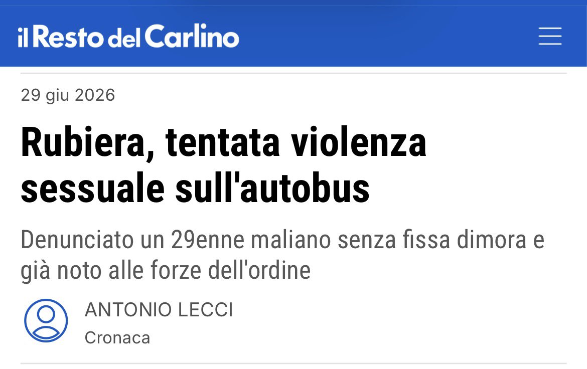 fratotolo2's tweet photo. L’Italia ha importato un esercito di immigrati senza alcun freno inibitorio 

Si è avvicinato a una donna, che viaggiava su un bus di linea tra Reggio Emilia e Rubiera, per molestarla, mostrare le proprie parti intime e iniziare a compiere atti di autoexxtismo

👉 29enne maliano, già noto alle Forze dell’ordine, denunciato a piede libero