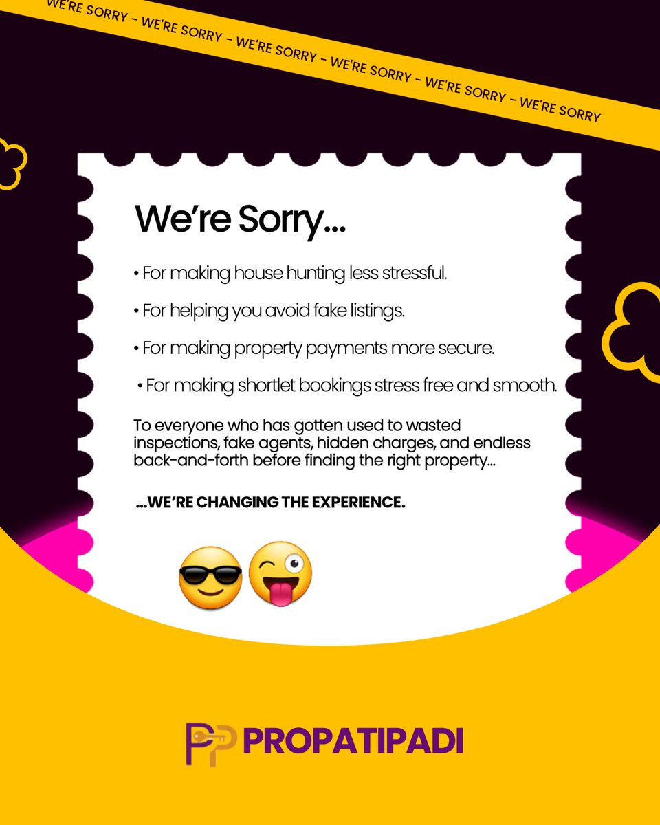 PROPATIPAD's tweet photo. We’re officially apologizing… 

Sorry for disrupting the old way of finding properties.
Sorry for making fake listings harder to find.
Sorry for giving you a safer, smarter real estate experience.

Actually… we’re not sorry at all. 

Welcome to the future of property search. https://t.co/XYd2kZixsb
