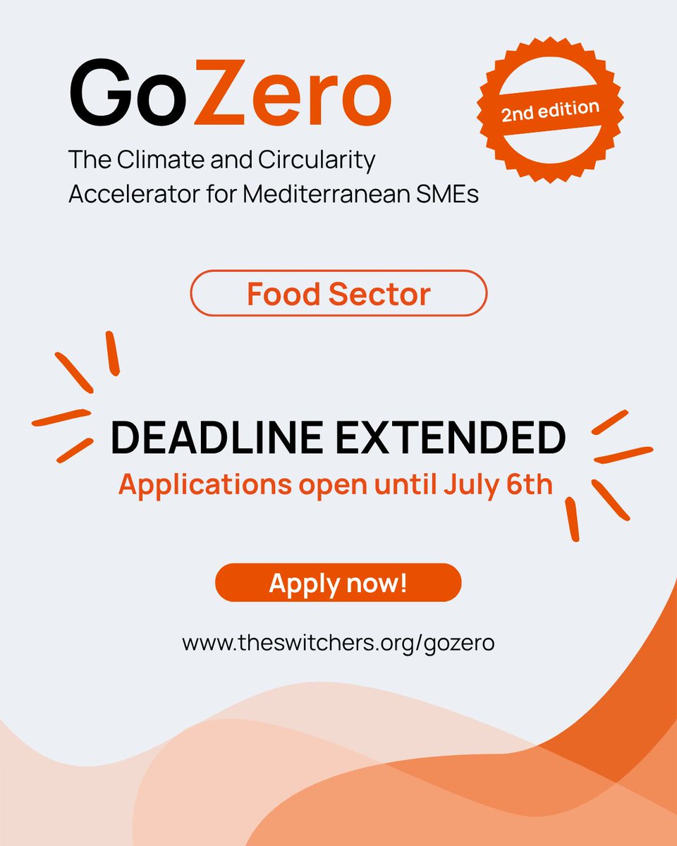 MedWaves_Centre's tweet photo. [📢 NEW DEADLINE] The GoZero Accelerator is still accepting applications from Mediterranean SMEs in the food sector.

🗓️ New deadline: July 6th
📥 Apply now: https://t.co/5XeKxgaJxZ

#GoZeroSMEs #SustainabilityAccelerator #ClimateAction #CircularEconomy #GreenBusiness https://t.co/ntszxjKzhj