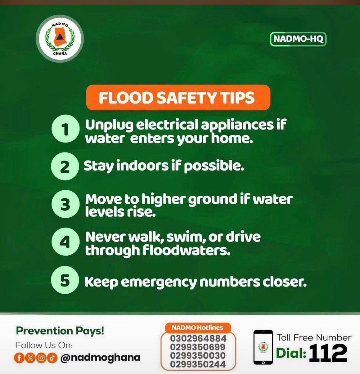 PentTvGh's tweet photo. 🚨 EMERGENCY HOTLINES: In case of any flood-related emergency or rescue need this morning, keep these official numbers handy.

 *NADMO Toll-Free: 112
 *NADMO Hotlines: 0302964884 | 0299350699 | 0299350030 | 0299350244
 *Fire Service (GNFS) Toll-Free: 192 / 112
 *Fire Service Hotlines: 0302 772 446 | 0299 340 383 | 0299 340 643

Please avoid flooded roads, stay on higher ground, and share this to save lives!

#AccraFloods | #SafetyFirst | #Ghana | #Penttvgh