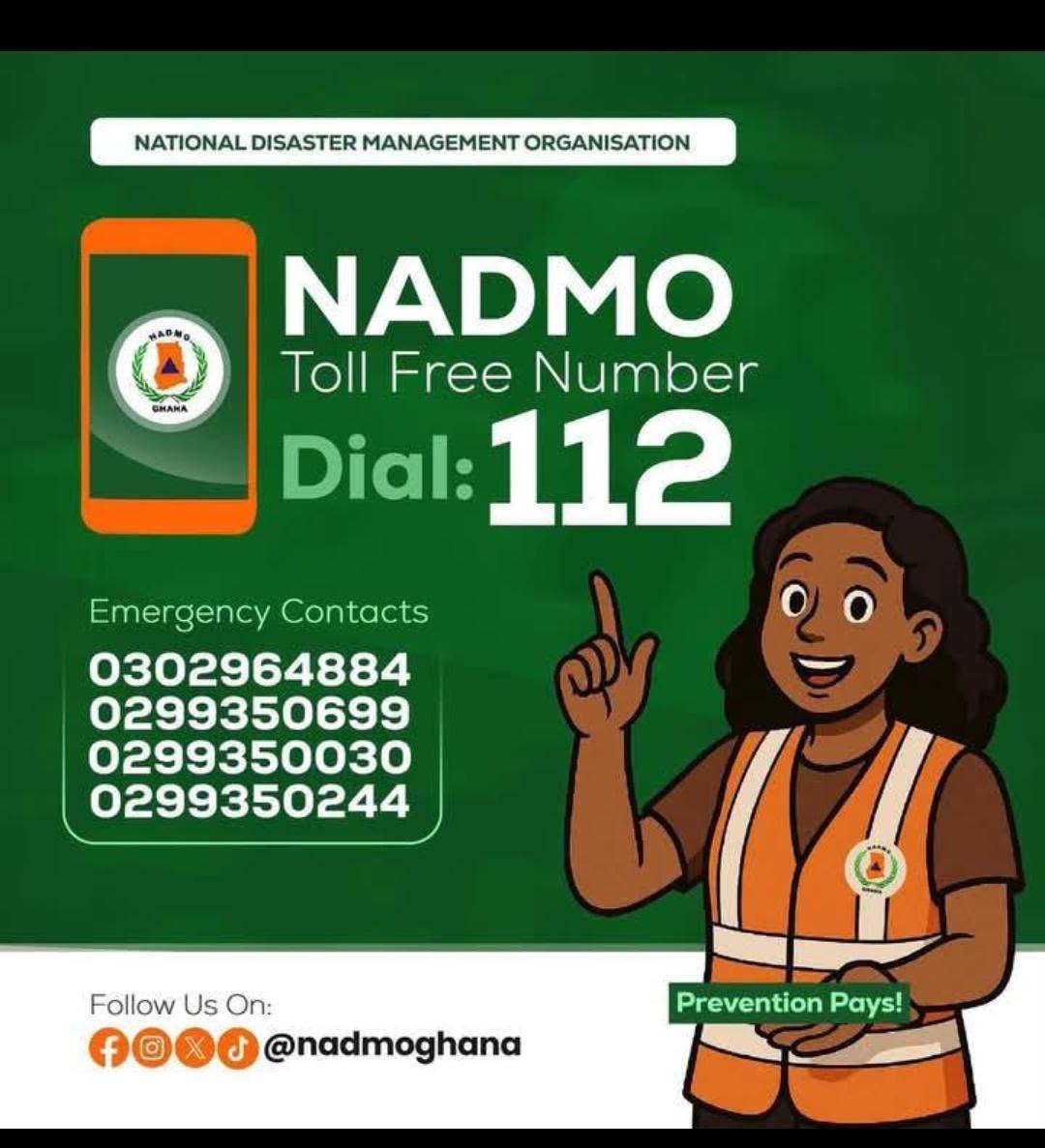 PentTvGh's tweet photo. 🚨 EMERGENCY HOTLINES: In case of any flood-related emergency or rescue need this morning, keep these official numbers handy.

 *NADMO Toll-Free: 112
 *NADMO Hotlines: 0302964884 | 0299350699 | 0299350030 | 0299350244
 *Fire Service (GNFS) Toll-Free: 192 / 112
 *Fire Service Hotlines: 0302 772 446 | 0299 340 383 | 0299 340 643

Please avoid flooded roads, stay on higher ground, and share this to save lives!

#AccraFloods | #SafetyFirst | #Ghana | #Penttvgh