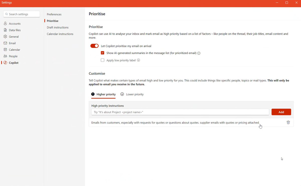 AcmaticNetworks's tweet photo. Microsoft Copilot's "Prioritise My Inbox" feature transforms email management with AI, categorising emails by priority. Save time and focus on what matters. Have you tried it yet? #Microsoft365 #Productivity https://t.co/xQxtNgjiyM