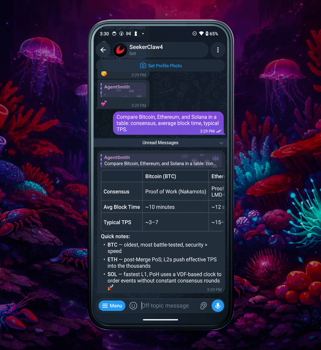 SeekerClaw's tweet photo. Already shipped on our side 🦾

SeekerClaw renders rich replies - tables, code, math - in Telegram. Live in the next version 🦞📲 https://t.co/fa6MjUoLbU