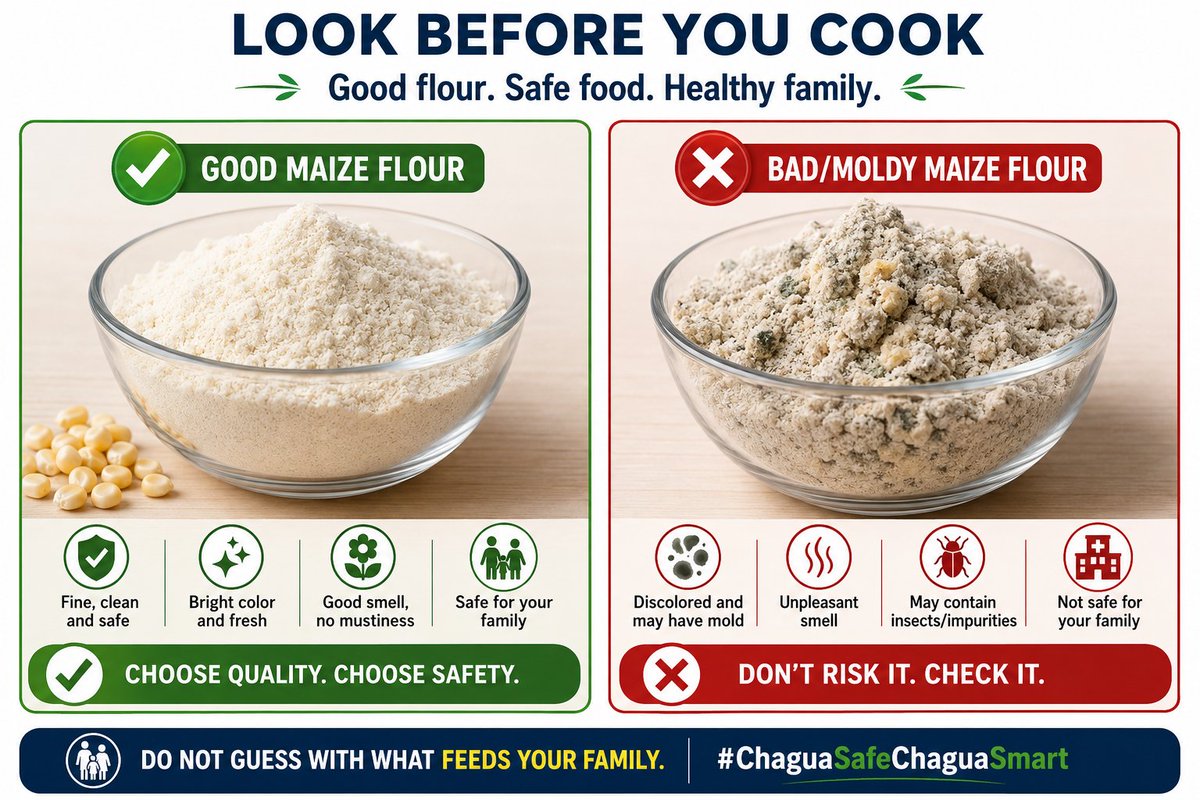 MjengoKE's tweet photo. Before you cook with that unga, do a quick check.

If it smells damp, has dark specks, feels lumpy or has insects in it, do not use it.

Contaminated flour is not worth the risk to your family.

#ChaguaSafeChaguaSmart https://t.co/UDsETLcY6g