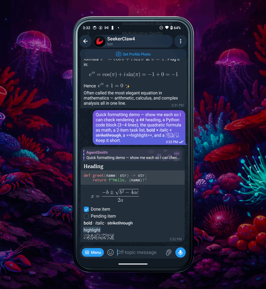 SeekerClaw's tweet photo. Already shipped on our side 🦾

SeekerClaw renders rich replies - tables, code, math - in Telegram. Live in the next version 🦞📲 https://t.co/fa6MjUoLbU