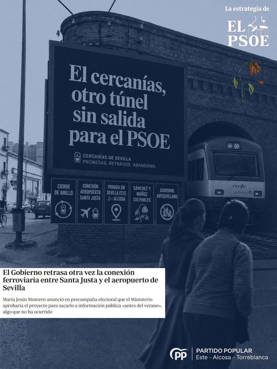 ppdistritoeste's tweet photo. 1️⃣ El Gobierno nos desprecia de nuevo retrasando la conexión del aeropuerto con Santa Justa 

2️⃣ 1 millón de sevillanos ya NO confían en el cercanías  

😡 El cercanías es otro “túnel sin salida” para el PSOE y el gobierno más anti sevillano de la historia https://t.co/Pgi3TPE3XH