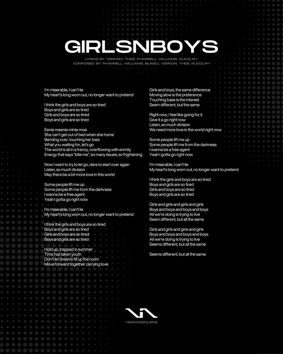 vernonsource's tweet photo. 💿 v8 track 6 - ‘girlsnboys’ full lyrics

#VERNON #버논 #V8 https://t.co/3Hyj19GqEk
