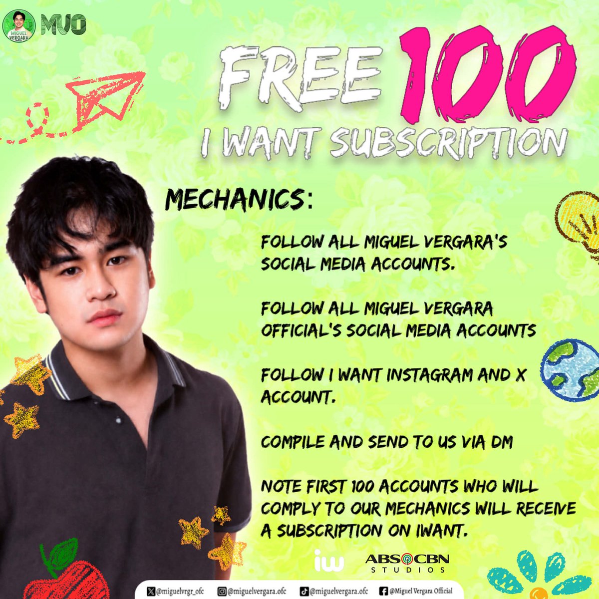 miguelvrgr_ofc's tweet photo. 🎁 𝗙𝗥𝗘𝗘 𝟭𝟬𝟬 𝗶𝗪𝗮𝗻𝘁 𝗦𝗨𝗕𝗦𝗖𝗥𝗜𝗣𝗧𝗜𝗢𝗡𝗦 𝗚𝗜𝗩𝗘𝗔𝗪𝗔𝗬! 💚

We're giving away 𝙁𝙍𝙀𝙀 iWant Subscriptions para mapanood niyo ang 𝙒𝙞𝙡𝙡 𝙔𝙤𝙪 𝙁𝙖𝙠𝙚 𝙈𝙖𝙧𝙧𝙮 𝙈𝙚?💍 so you can catch the series and get to know the Pogi at Pilyong si 𝙏𝙤𝙩𝙤, played by Miguel Vergara! 😈

To join:
✅ Follow all Miguel Vergara social media accounts
✅ Follow all MVO social media accounts
✅ Follow all iWant social media accounts
✅ Reply with your screenshot proof

📥 DM us or @solelymiguel_ to receive the giveaway instructions.

Good luck, Miggies! 💚

#WillYouFakeMarryMe | #MiguelVergara #MiggiesOFC