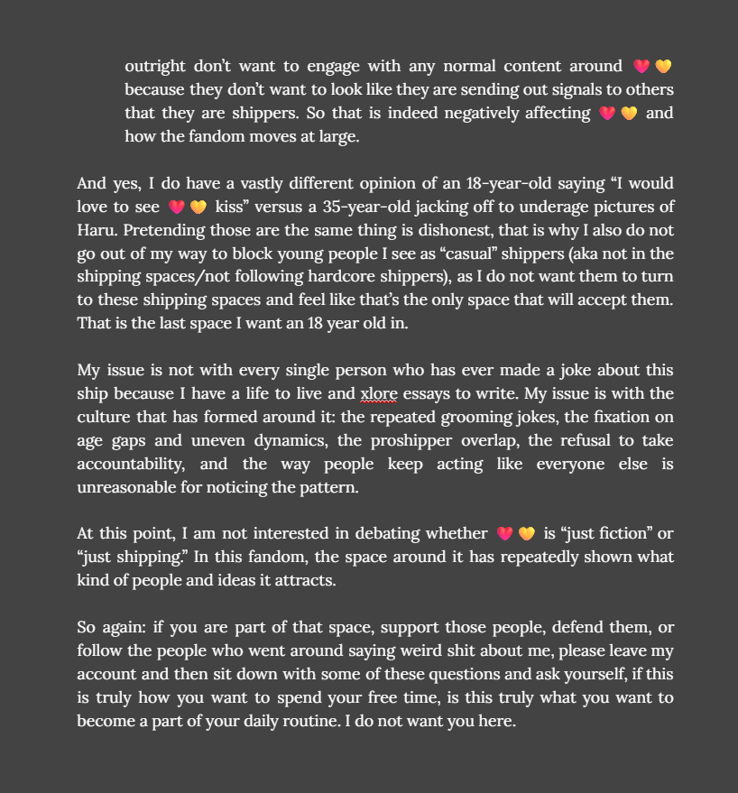 userxlov's tweet photo. I have one final thing to say about this, but TL;DR: please fuck off from my account if you are a ❤️💛 shipper, especially if you follow or support shippers who  have showcased they are fine with pedophilic content.

TW: mentions of pedophilia, grooming, noncon, incest https://t.co/BontpbQkgT