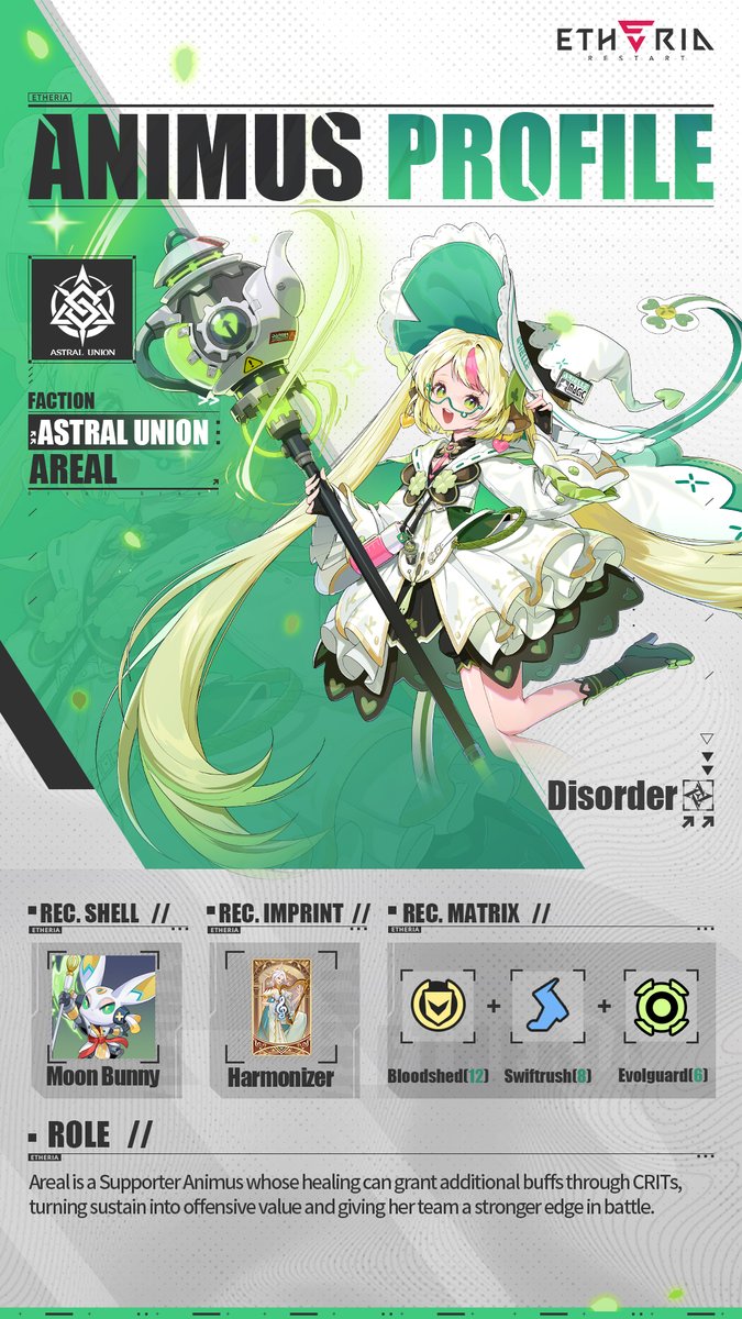 etheria_restart's tweet photo. #AnimusIntro #Areal
Areal serves as a priestess of the Autumn Hall within the Astral Union, and is an apprentice pharmacologist. Her daily duties involve receiving and healing those infected by Genesis.
//Etheria ID: Areal
//Title: Glimmering Blossom
//Faction: Astral Union
//Report:
Areal is a support-type Animus whose healing can provide additional buffs when it lands a CRIT, converting sustain into offensive resources and giving her team more ways to secure victory.
#EtheriaRestart
