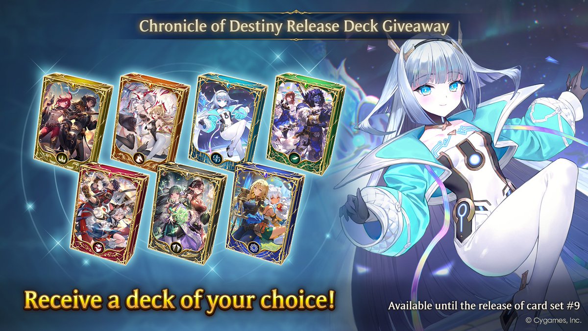 shadowversegame's tweet photo. We're celebrating the release of Chronicle of Destiny with a free deck giveaway! 🎁

Claim one deck of your choice containing 2 Legendary cards, including 1 from Chronicle of Destiny—perfect for new players looking to jump in!

Details:
https://t.co/uCiJEzGVNA

#ShadowverseWB https://t.co/TxElfuzG5j