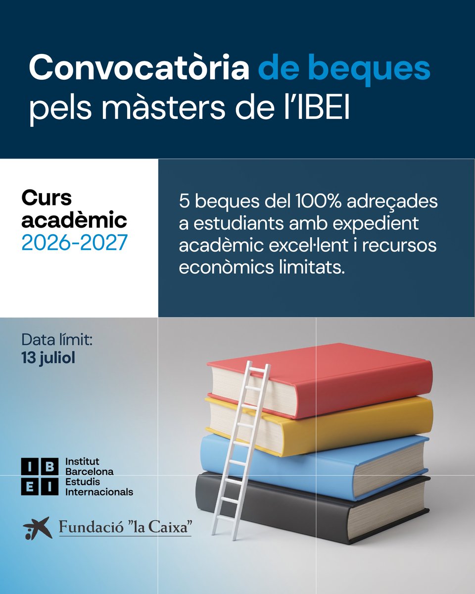 IBEI's tweet photo. 🎓ÚLTIMS DIES | Vius a Espanya o Portugal?

Aprofita les 5 beques del 100% (12.900€) per als Màsters IBEI (Curs 2026-27).

Especialitza't en Relacions Internacionals, Seguretat Internacional, Desenvolupament o Polítiques Públiques.

⏳Limit: 13 de juliol
https://t.co/AuWAcketZb https://t.co/Zg8yJgdNYN