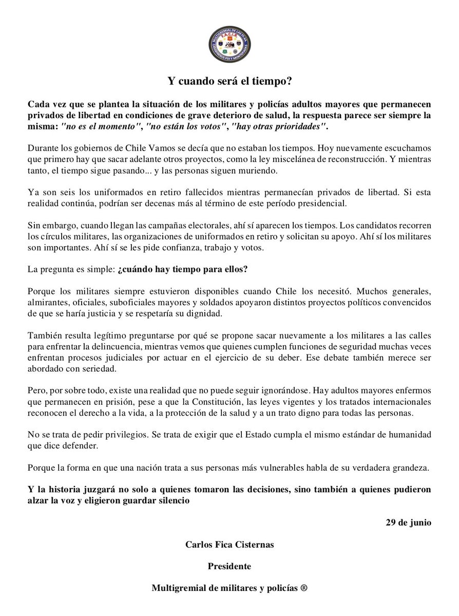 MultigremFACIR's tweet photo. @GobiernodeChile @PresidenteKast 
.        Y cuando será el tiempo ?
Que se preocupe de viejos soldados y policías que siguen muriendo en centros penitenciarios. https://t.co/pSAbw7OlZn